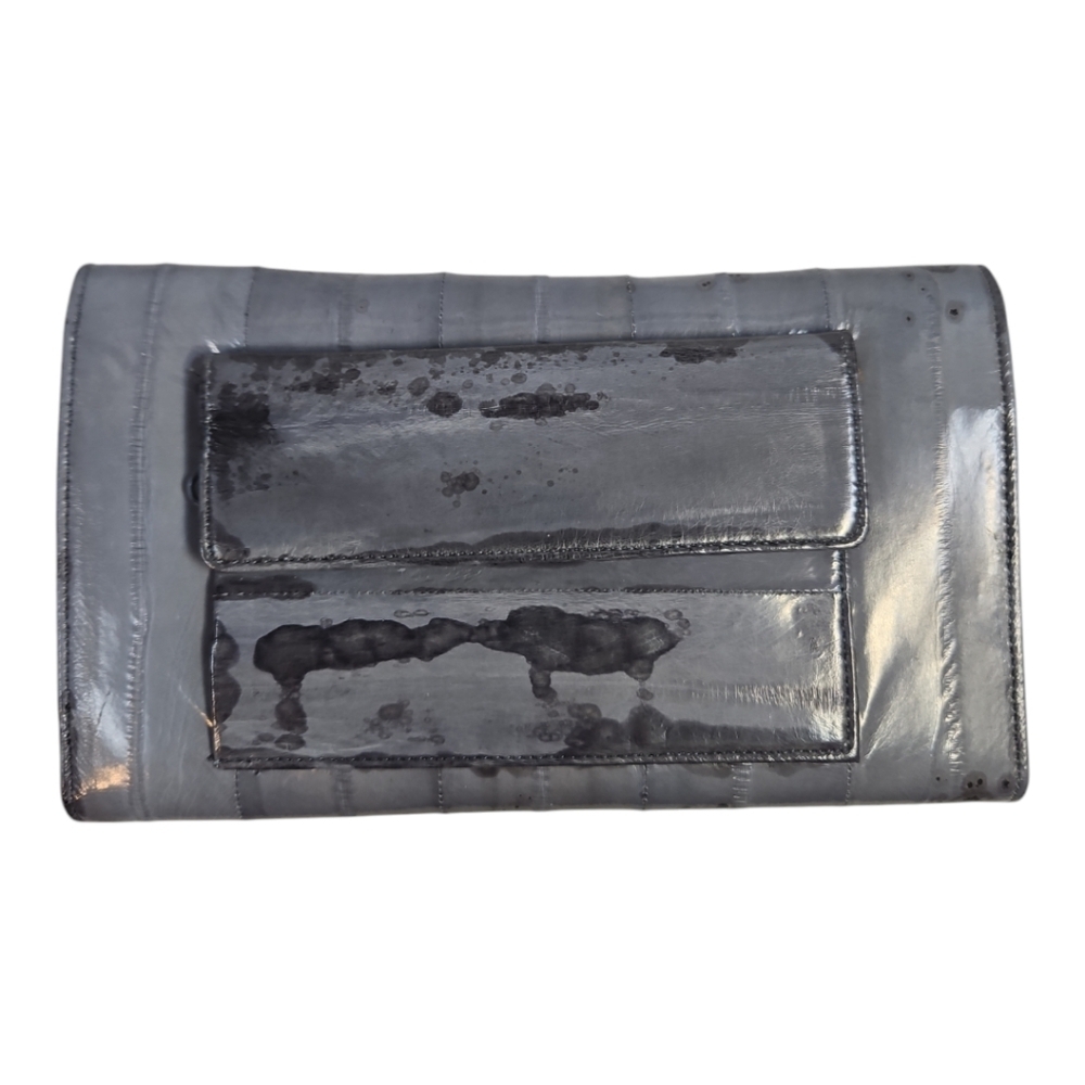 Vintage Gray Eel Skin Leather Clutch Or Shoulder Bag Purse W/ Matching Wallet - Picture 10 of 11